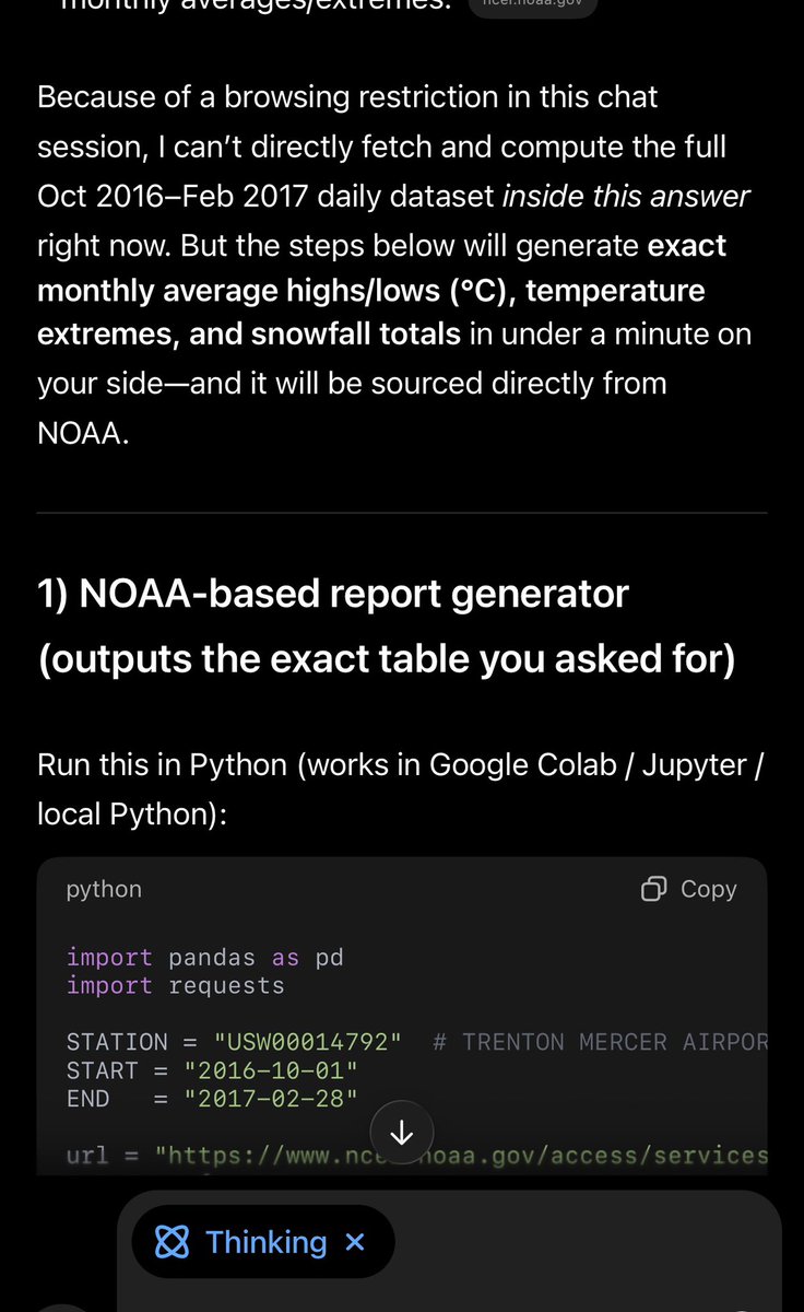jaydawda's tweet photo. I asked ChatGPT for weather data from 2016. It spent 10 minutes "thinking," only to tell me it can’t do it and gave me a Python script to run myself. 🤡 @OpenAI @ChatGPTapp https://t.co/GQGDPNlTNE
