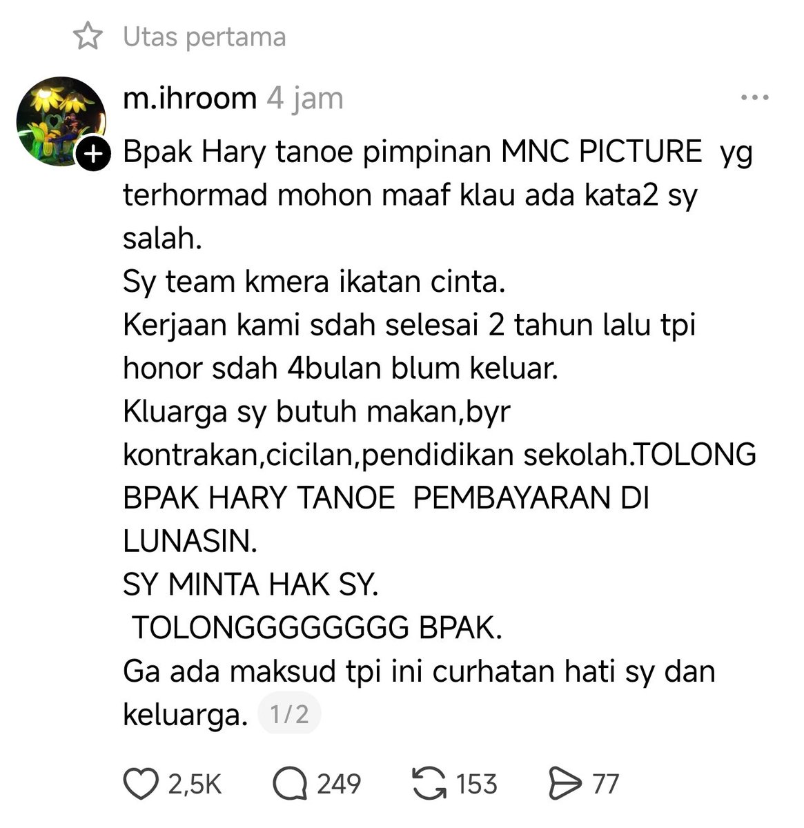 baru buka threads lagi dan dikejutkan dengan fakta kameramen sinetron ikatan cinta belum dibayar. the world is full of surprises, asu...