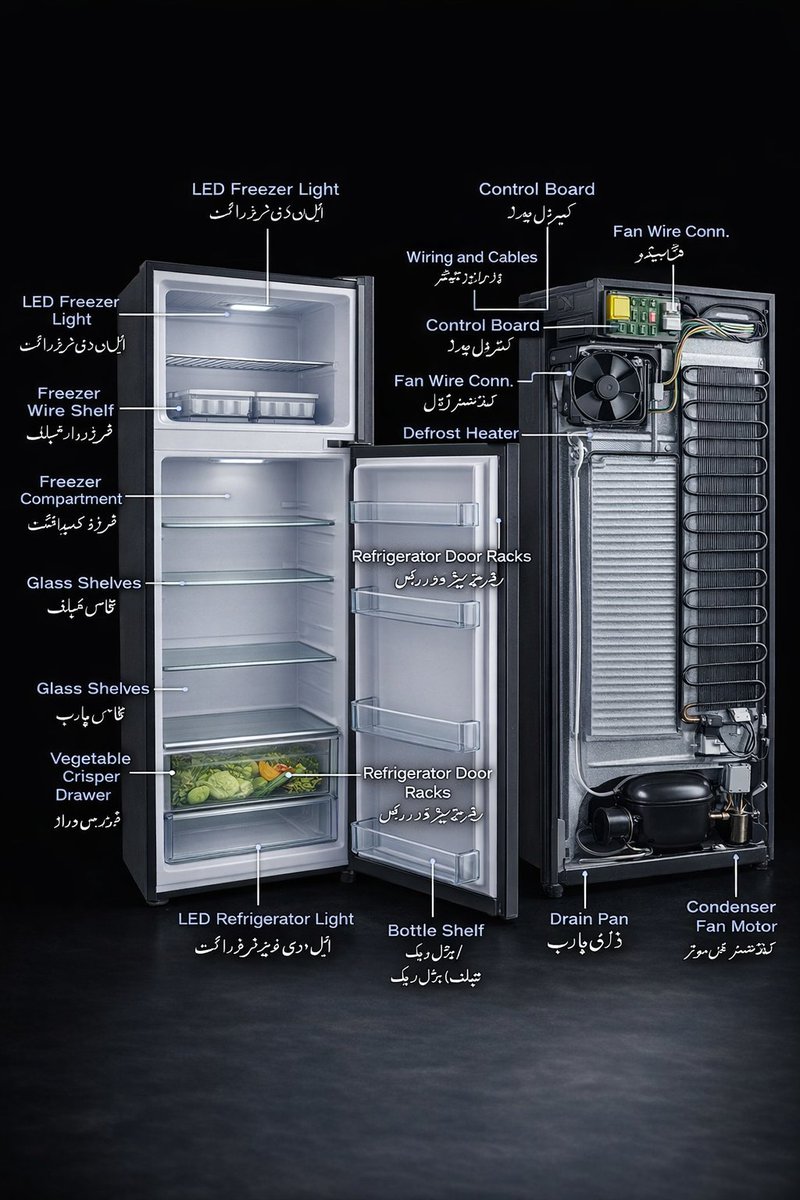 DailySaga5536's tweet photo. This 3D illustration provides a complete view of a modern refrigerator. The front side shows the storage compartments, shelves, and drawers, while the back side reveals the mechanical components like the compressor, condenser, and evaporator. Each part is clearly labeled in both https://t.co/8EaRjKrOqz