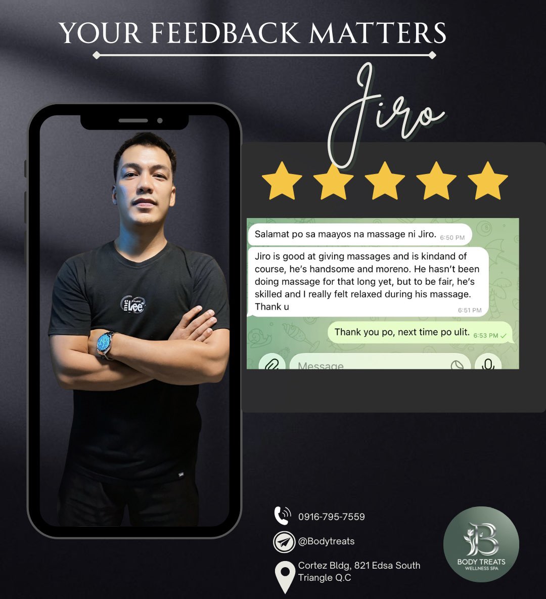 btwsreviews's tweet image. 📢Good feedback for Jiro -despite being new, the client had a polished massage experience and appreciated his kind approach.

#ClientFeedback #BodyTreatsWellness #RisingTherapist