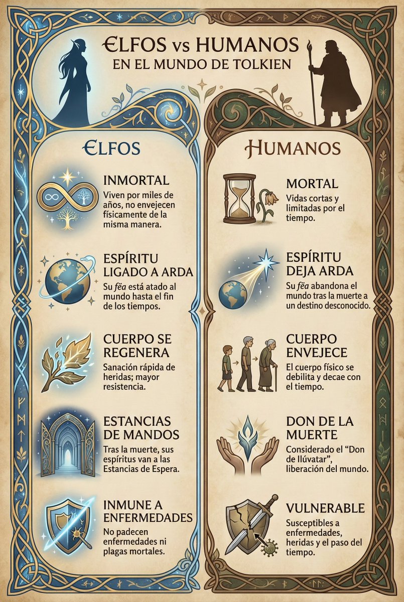 Las principales diferencias entre hombres y elfos. 

(En la infografía puse que son inmortales porque eso parece, pero ya sabemos que no: están atados al destino de Arda)