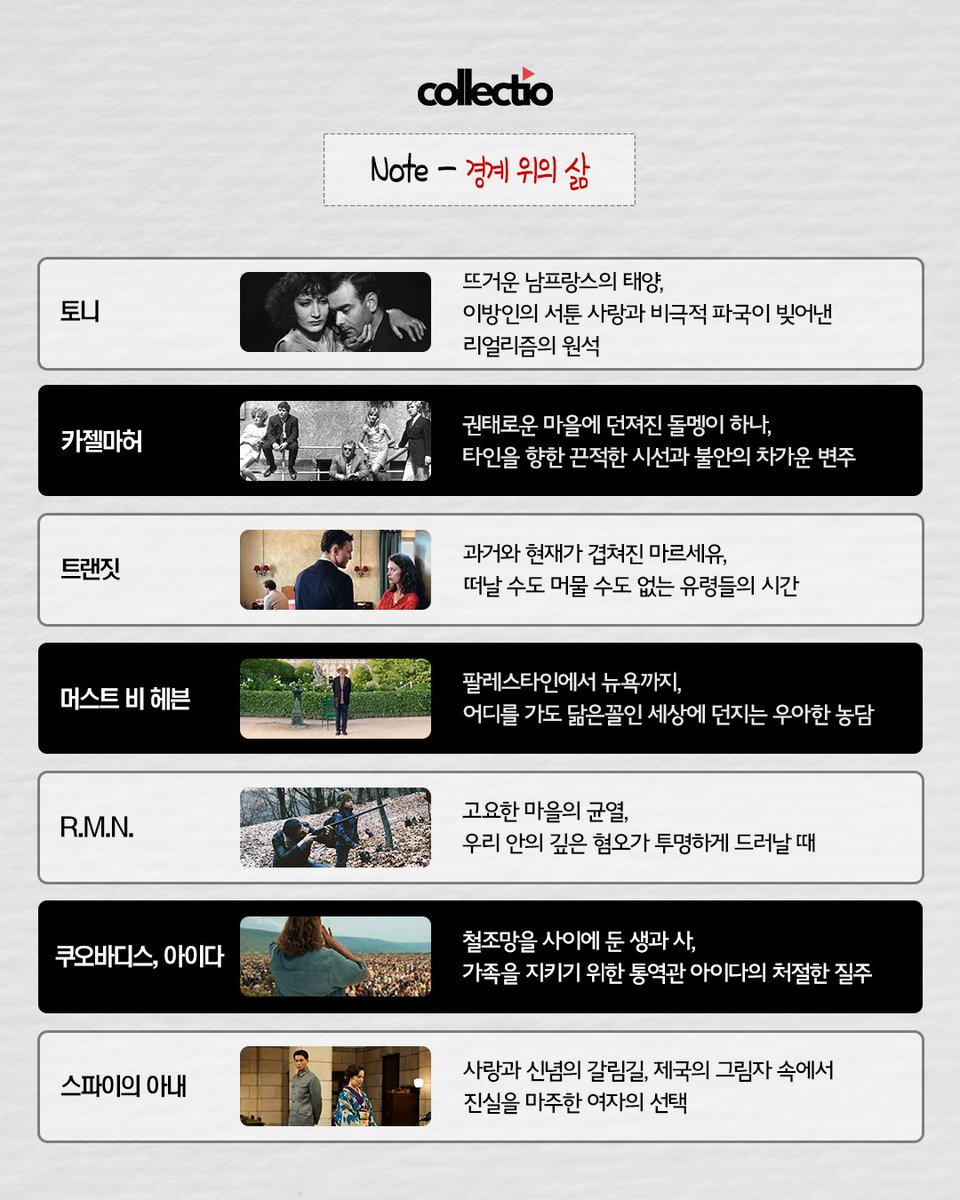 경계 위의 삶: 당신은 어느 쪽에 서 있습니까

보이지 않는 선 하나가 우리의 운명을 가르기도 합니다. 이방인들은 그 위태로운 경계 위에서 질문을 던집니다.
역사의 거대한 파도 앞에서, 혹은 타인의 차가운 시선 속에서 길을 잃지 않으려 애쓰는
일곱 편을 소개합니다