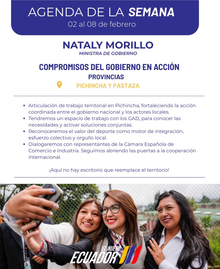 El territorio es donde nacen las decisiones que transforman vidas.

Esta semana, la ministra <a href="/natalymorillos/">Nataly Morillo Solórzano</a> recorre Pichincha y Pastaza, fortaleciendo el diálogo, la articulación y el trabajo cercano con la gente.

Porque gobernar es estar, escuchar y actuar.
🇪🇨 #ElNuevoEcuador