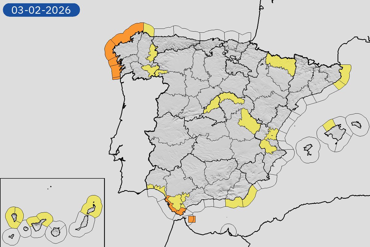 02/02 12:48 AVISOS HOY Y MAÑANA | España: costeros, vientos, lluvias y nevadas. Nivel máximo de aviso: naranja.
Actualizaciones en aemet.es/es/eltiempo/pr…