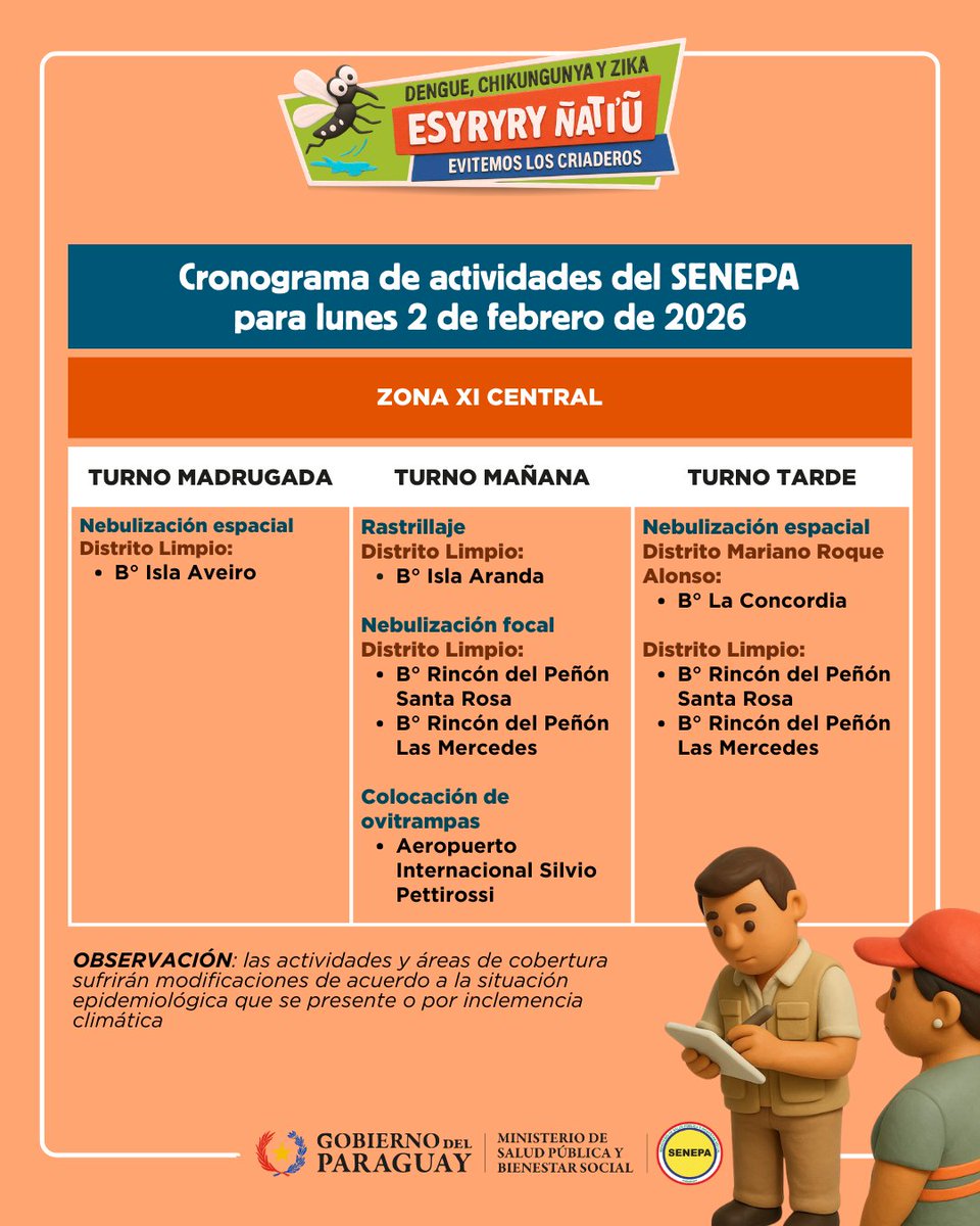🦟🚫 #SinCriaderos | Recordá que invertir 10 minutos diarios en la búsqueda y eliminación de potenciales criaderos de mosquitos hace la diferencia.

👨‍👩‍👧‍👦 Es una manera efectiva de protección para toda la familia.

📍 Cronograma del <a href="/SenepaParaguay/">Senepa Paraguay</a>.