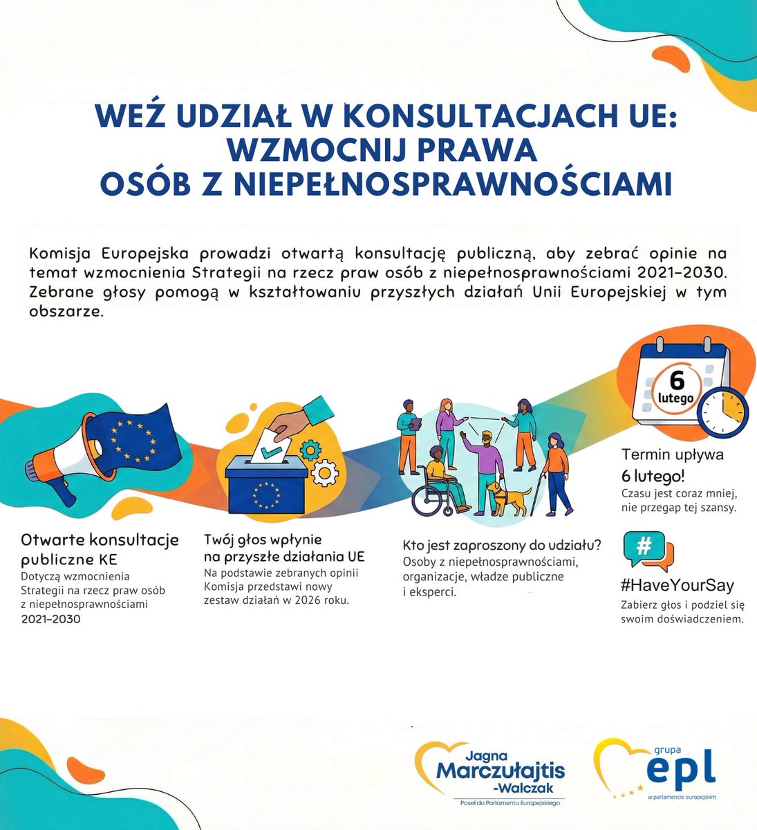 📣 Uwaga 📣
Trwają otwarte konsultacje publiczne Komisji Europejskiej dotyczące wzmocnienia Strategii na rzecz praw osób z niepełnosprawnościami 2021-2030. 

To ważny moment, by doświadczenia i potrzeby osób zainteresowanych znalazły odzwierciedlenie w przyszłych działaniach.
