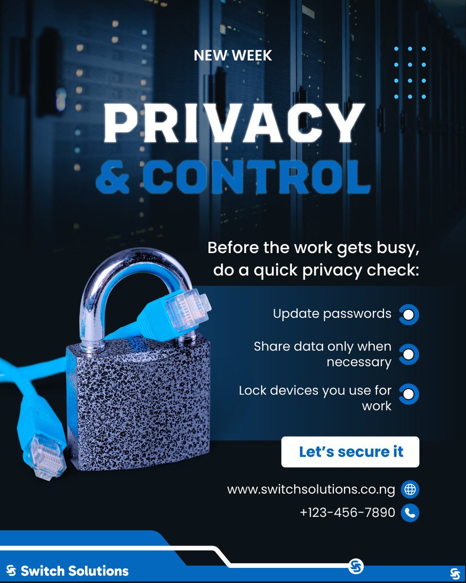 switchsolution_'s tweet photo. New week reminder:
Every piece of data you handle represents real people and real trust.
Strong businesses protect information by default — not after a breach.
Make privacy part of how you work this week.

#NewWeek #DataProtection #PrivacyMatters #BusinessTrust #NigeriaBusinesses https://t.co/71ufinLJyl