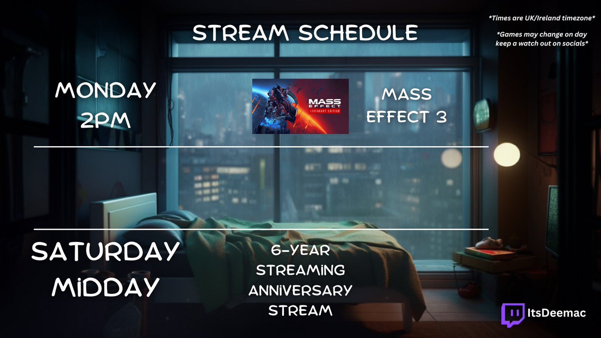 Stream schedule for the week! Today at 2pm Mass Effect 3! On Saturday we are celebrating 6 years since we first hit go live for the very first time! We're doing a community day for everyone! 12pm til late! Games MIGHT include Marbles On Stream, R.E.P.O, and Peak later on