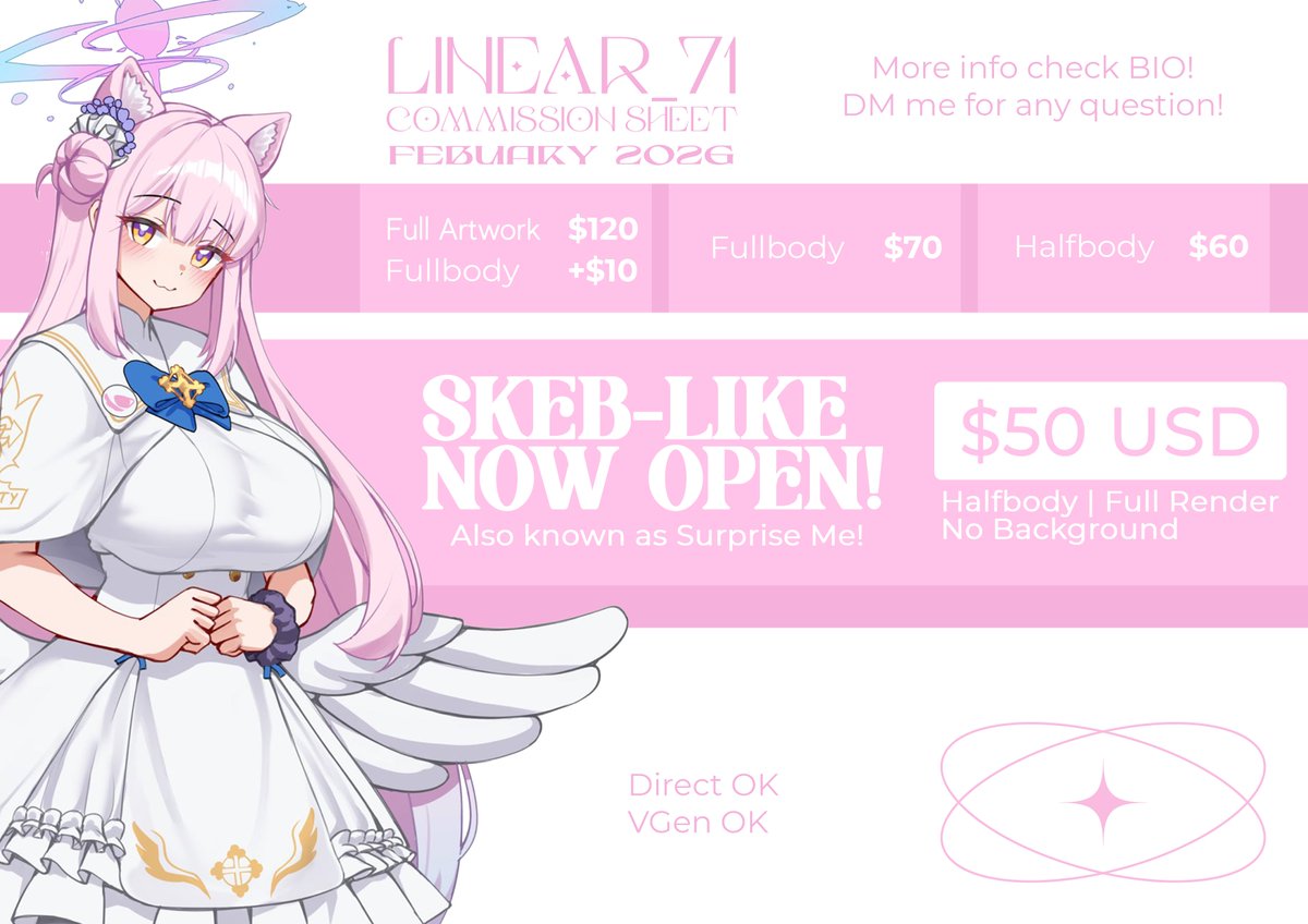 Retweets are very appreciated ✨    

Febuary 2026 Slots are currently OPEN!

I'm trying out Skeb-like/Surprise me this month, checkout my Vgen for more info about it!

As always, you can inquire more info at my DM!
 #Commission #commisionsopen #ArtistOnTwitter #VGen