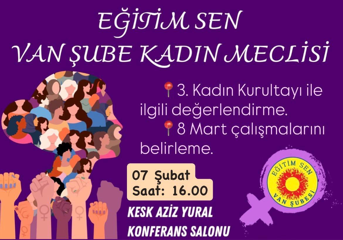 EgitimSenVan's tweet image. Eğitim Sen Van Şube Kadın Meclisi olarak; 7 Şubat Cumartesi günü,
3. Kadın Kurultayı sürecini birlikte değerlendirmek ve
8 Mart çalışmalarımızı ortaklaştırmak üzere bir araya geleceğiz. Tüm kadın arkadaşlarımız davetlidir.