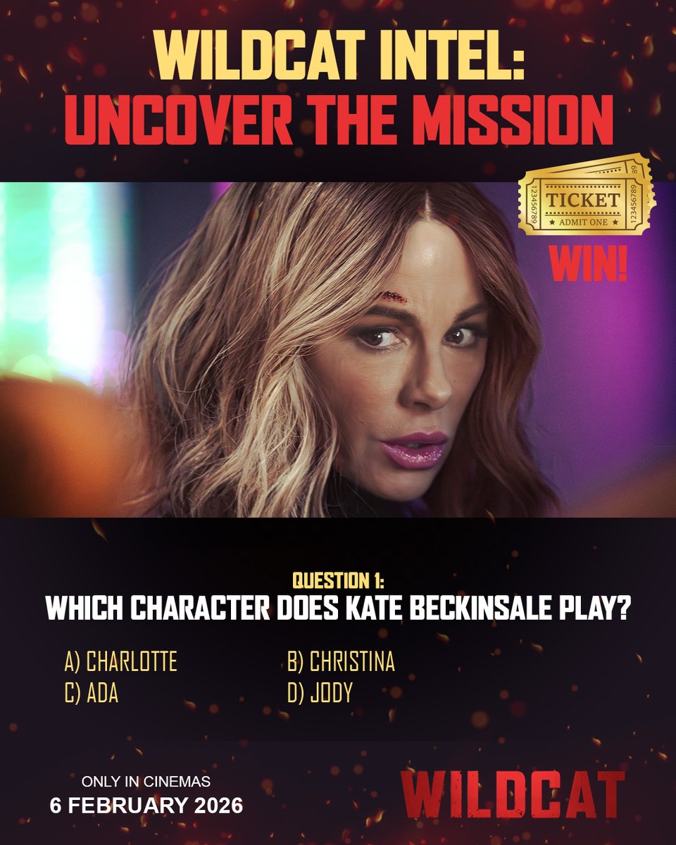 FilmfinityZA's tweet image. Swipe through our #Wildcat questionnaire and comment with your answers for a chance to WIN 2 movie tickets to see Kate Beckinsale’s action-packed thriller #WildcatMovieSA only in cinemas 6 February, 2026. 💥 🍿