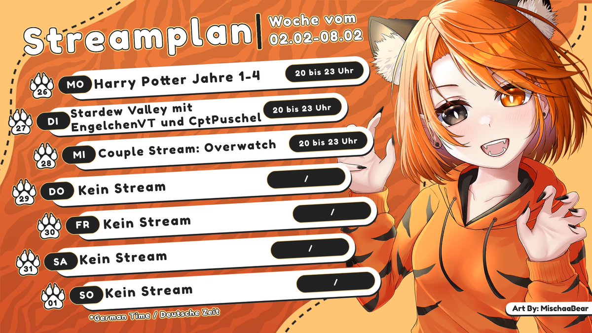 Ich wollte mich für alle die gestern da waren egal ob aktiv oder im Lurk nochmal bedanken danke für die ganzen Raids danke danke danke🧡 mein Streamplan ist auch ready diese Woche ist etwas weniger los aber es gibt tolle Collabs mit <a href="/AngeldustVT/">Angel | Coms open</a> &amp; <a href="/CptPuschel/">Cpt.Puschel</a> 🐯
