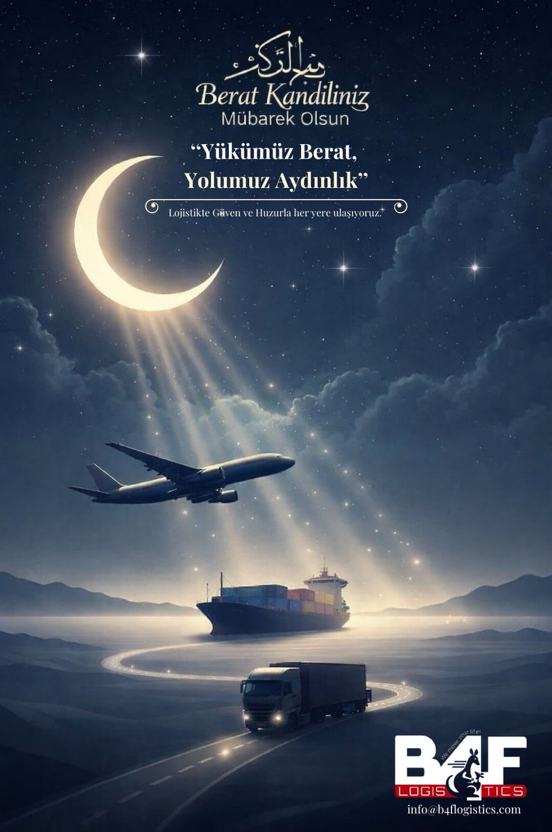 Berat Kandili’nin bereketi ve huzuru tüm yollarımızı aydınlatsın. B4F Logistics ailesi olarak; güven, özveri ve bereketle yollarda olmaya devam ediyoruz. Tüm dostlarımızın ve iş ortaklarımızın kandili mübarek olsun. 🚛✈️🚢
.
.
.

#BeratKandilimiz  #lojistikçözümleri #B4FLogistics