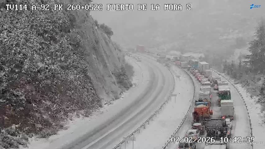 ¡Madre mía! Cientos de conductores atrapados por la intensa y repentina nevada. Esta mañana (02/02/2026), situación muy complicada en Autovía A-92 a su paso por el Puerto de la Mora (#Granada), a una altitud de 1380 metros. Consulta estado carreteras: etraffic.dgt.es/etrafficWEB/