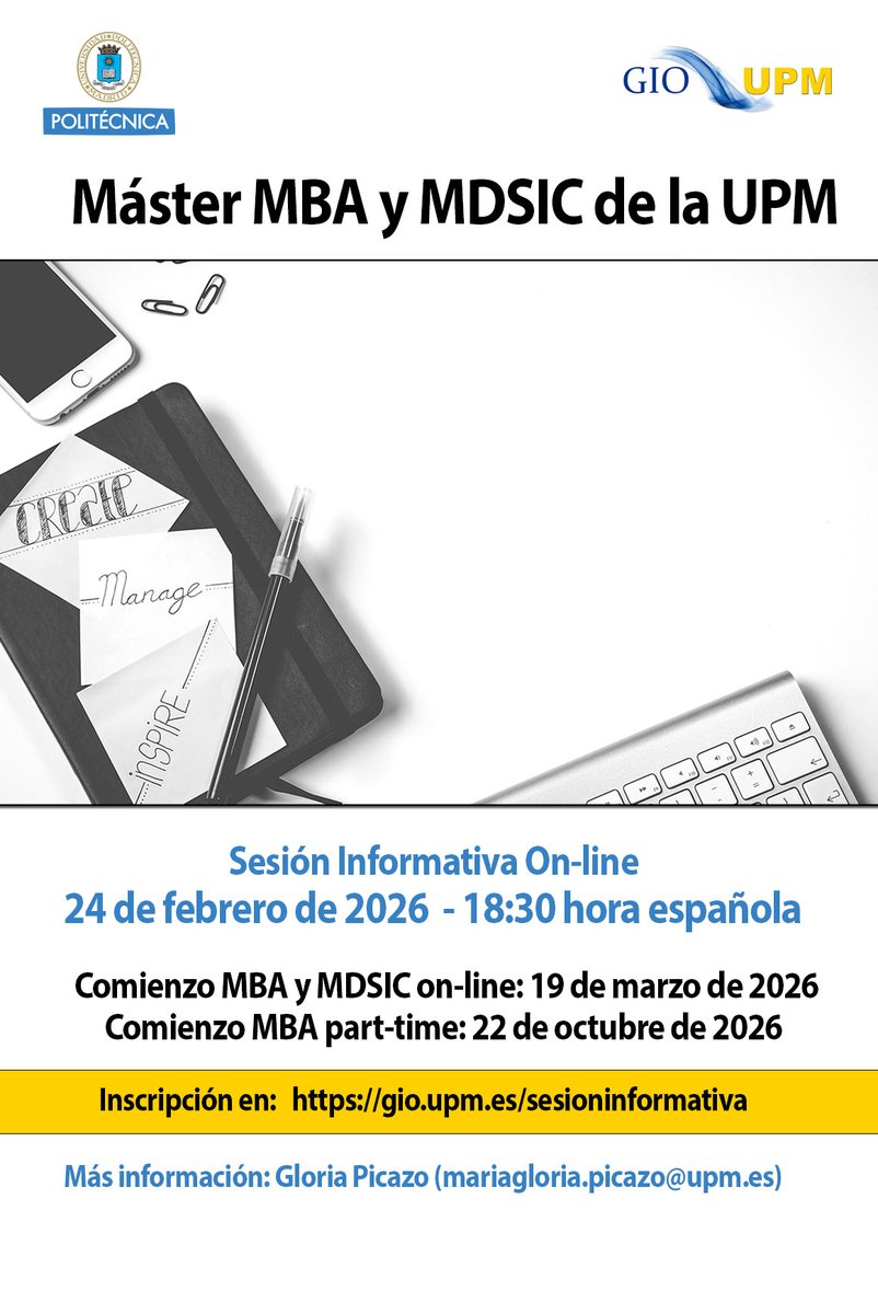 gioupm's tweet photo. 👉¿Cuánto dura el máster?
👉 ¿Cuál es la diferencia entre MBA y MDSIC?
👉 ¿Puedo compatibilizarlo con mi trabajo?
👉¿Hay alguna parte presencial?
Éstas serán algunas de las preguntas que responderemos el 24 de febrero, ¡apúntate ya!:
https://t.co/NWuh3CH44q #MBA #MDSIC @La_UPM https://t.co/OoXtCmhq1M