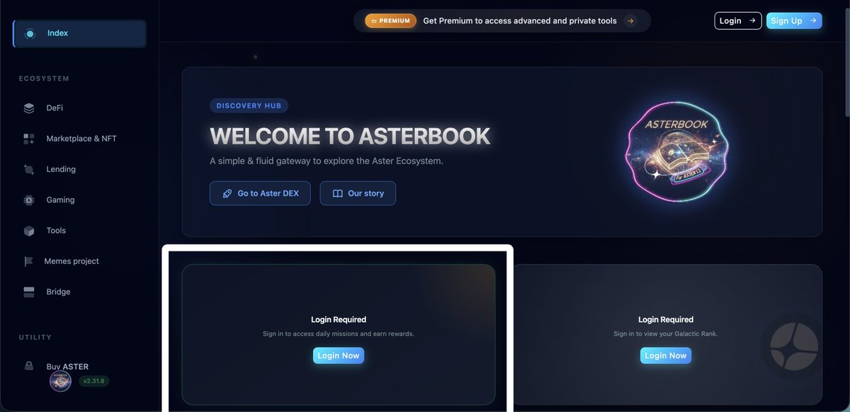 The interactive theme for Asterbook is here! 🌌

The UI now adapts based on the $ASTER price, creating a truly dynamic atmosphere.

Keep an eye on the dedicated container to track price fluctuations in real-time. 📈

asterbook.com