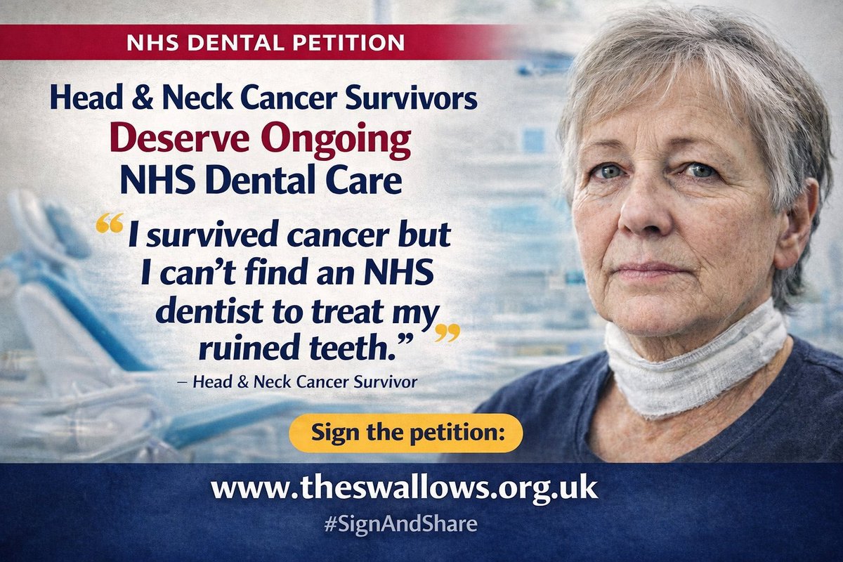 swallowsgroup's tweet photo. We Beat Cancer. Why Are We Still Fighting for Dental Care?
PLEASE SIGN & SHARE THIS MUST CHANGE
NHS Dental Care for Head & Neck Cancer Survivors
A powerful UK Parliamentary petition is calling for fair, guaranteed NHS dental care for people living with and beyond head & neck cancer. The petition is led by The Swallows Head & Neck Cancer Charity, a patient-led charity working relentlessly to close the gaps survivors face once cancer treatment ends.

Take action now
👉 PLEASE SIGN & SHARE:  https://t.co/t4O3IIl9B6