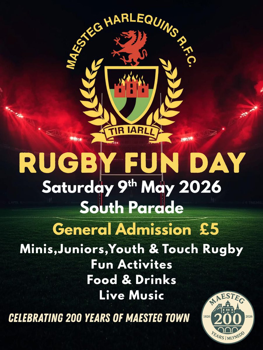 RUGBY FUN DAY – JOIN THE QUINS FOR A GREAT DAY OUT! 
Maesteg Harlequins RFC are excited to invite you to our Rugby Fun Day on Saturday 9th May 2026 at South Parade – a brilliant family-friendly event as we celebrate 200 years of Maesteg Town!