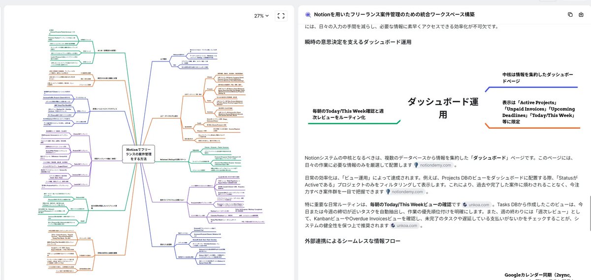 Mapifyの「DeepResearch」使ってみたら、レポートとマインドマップが連動してるのが地味にすごかった

レポート読みながら「ここ詳しく見たい」と思ったら、マップの該当箇所がすぐわかる

逆にマップ見て気になったところをレポートで深掘りできる

調べる→まとめる→構造化が一気に終わる感じ