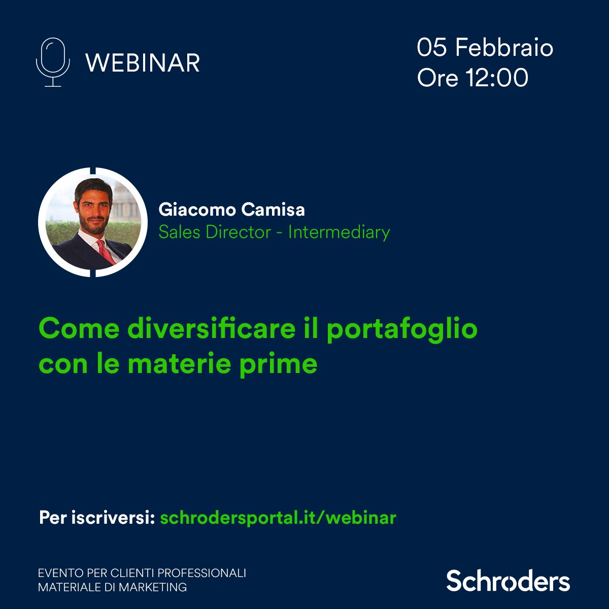 Diversificazione e materie prime: quale ruolo oggi?
Nel parliamo nel webinar #Schroders con Giacomo Camisa.
👉 okt.to/31UZgd

Evento per Clienti Professionali