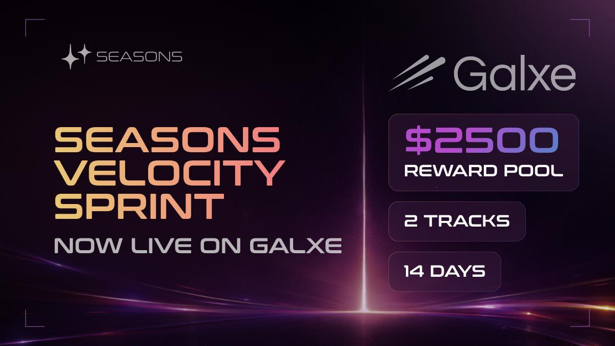 🚨 $2500. 14 days. Two tracks.

Seasons Velocity Sprint is LIVE on <a href="/Galxe/">Galxe</a>. 🥳

Hold $SEAS. Mint NFT badges. Complete daily raffles. Win!

🧵: Know more.↴