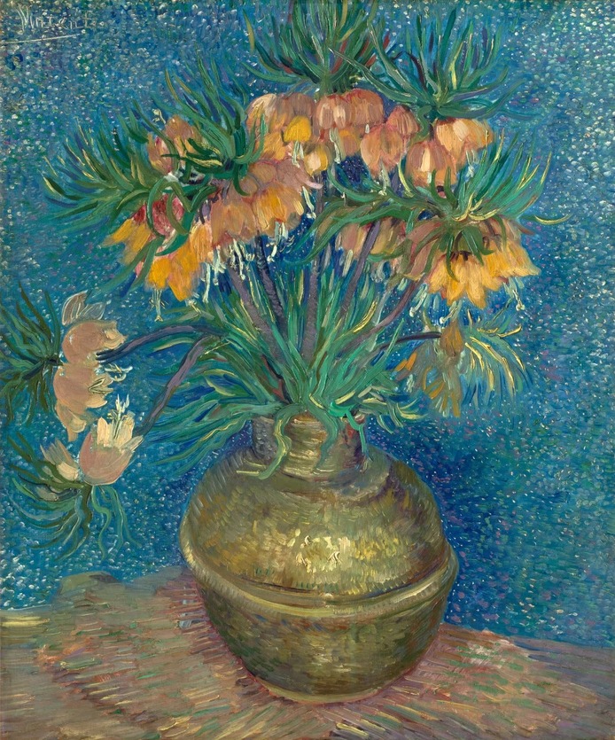 vangoghmuseum's tweet photo. 🌼 These fritillaries are spring bulbs. The flowers were cut and captured on canvas, resulting in a lasting bouquet. Emile Bernard (Vincent’s painter-friend) recalled Vincent courting Agostina Segatori, the Italian owner of Café du Tambourin on Paris’ Boulevard de Clichy, with flower paintings that ‘would last for ever.’

🖼️  ‘Imperial Fritillaries in a Copper Vase’ ©️ Musée d’Orsay