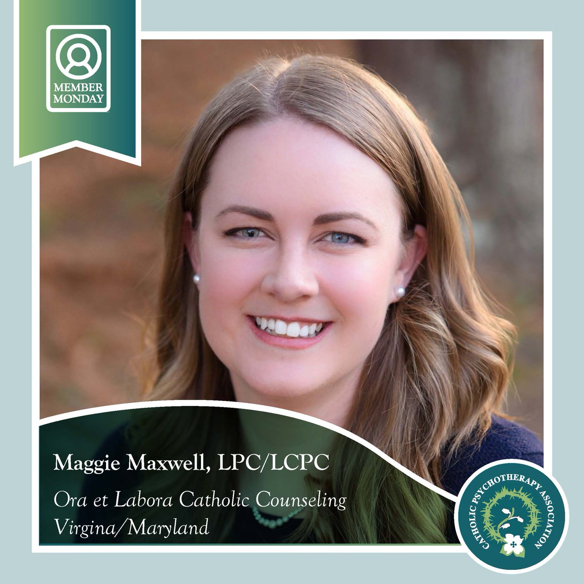 Happy #MemberMonday! Meet Maggie Maxwell, LPC/LCPC, founder of Ora et Labora Catholic Counseling. She specializes in anxiety, OCD &amp; scrupulosity, and maternal mental health for Catholic adults. Maggie uses evidence-based approaches (ACT, ERP, IFS) &amp; integrates faith.