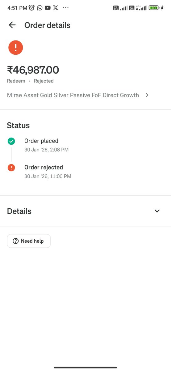 sarkar88470's tweet photo. Hi Everyone, 

This is unacceptable and deeply concerning.

On 30 Jan 2026, I placed a redeem order (Folio No - 78885834875) during market hours for 2089.362 units of Mirae Asset Gold & Silver Passive FoF – Direct Growth on the @_groww  app.
Groww officially confirmed the order via email at 2.13Pm — and then REJECTED it at 11 PM without any notice, reason, or consent.

Because of Groww’s unilateral action, gold & silver prices have fallen and I’m now forced to hold at a loss — despite urgently needing my own money.

Middle-class retail investors put their hard-earned savings into mutual funds with trust.
If confirmed orders can be cancelled at will, then how is this not a breach of trust?
Who will compensate retail investors for such losses?

Please do Invest through trusted brokers.

Mail Copy attached.

I urge @SEBI_India @SEBI_updates @BSEIndia @NSEIndia  @weKFintech @MiraeAsset_IN @MFSahiHai @amfiindia @FinMinIndia @mygovindia @MCXIndialtd @jagograhakjago   to urgently investigate this behavior and ensure accountability.
Retail investors are not expendable.
#SEBIIndia #SEBI #InvestorProtection #RetailInvestors #MutualFunds #Groww #BrokerAccountability #FinancialFraud #BreachOfTrust #MiddleClassInvestors #InvestorRights #Accountability