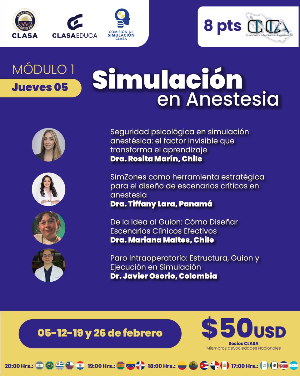 clasanews's tweet photo. ⏰ ¡Iniciamos este jueves 5!
Este jueves 5 de febrero da inicio el primer módulo del Curso de Simulación en Anestesia – CLASA.
📍 Módulos: 05, 12, 19 y 26 de febrero
🎯https://t.co/0Up2sjjC6m
#SimulaciónEnAnestesia #EducaciónAnestésica #Anestesia #CLASA https://t.co/VdpJ0739Jq