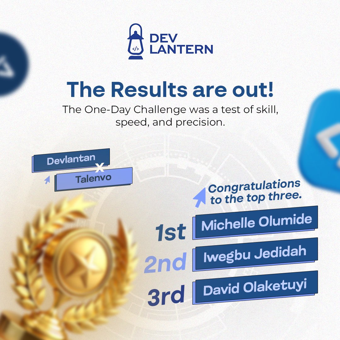 The Dev Lantern One-Day Challenge results are out!

🥇 Michelle Olumide 🥈 Iwegbu Jedidah 🥉 David Olaketuyi

Skill. Speed. Precision. Big congrats to our top performers 👏🔥
#DevLantern #TechChallenge #Tech