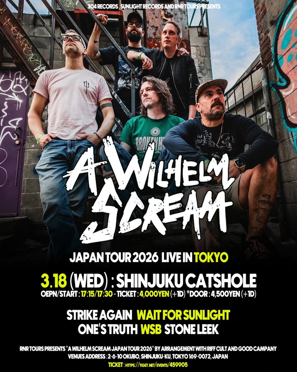 STONE_LEEK's tweet image. ⛑️NEW SHOW⛑️

2026.03.18(水) @ 新宿Cat's hole

RNR TOURS/304 Records/Sunlight Records Pre.

｢A WILHELM SCREAM JAPAN TOUR 2026｣

A WILHELM SCREAM
STRIKE AGAIN
STONE LEEK
WSB
ONE’S TRUTH
Wait For Sunlight

OP/ST 17:15/17:30
ADV ¥4000+1D

⬇️予約はこちら⬇️
linktr.ee/stoneleek