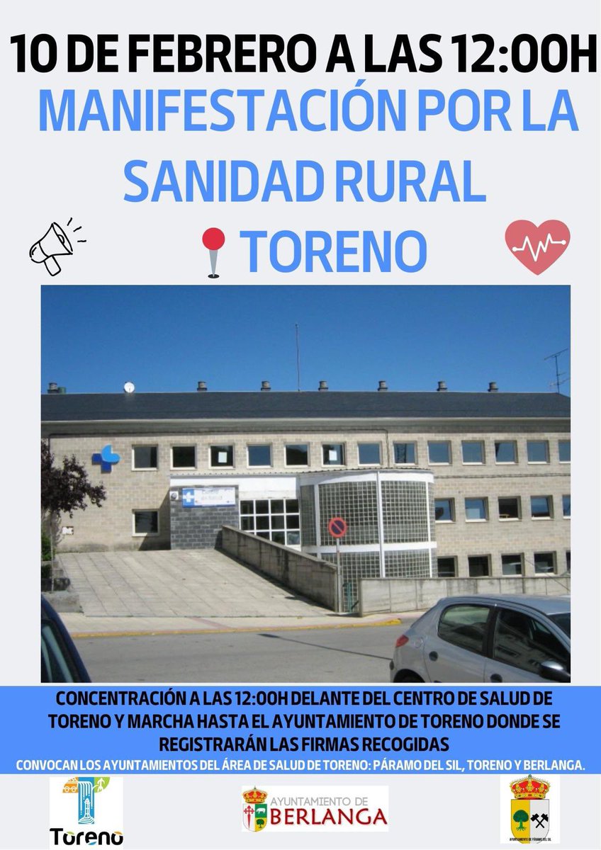 📢 MANIFESTACIÓN POR LA SANIDAD RURAL EN TORENO: NUEVA FECHA 🚨

🕒Hora: 12:00h.

📍Lugar de concentración: Centro de Salud de Toreno.

🚶Recorrido: Hasta el Ayuntamiento de Toreno.

#SanidadRural #Toreno #PorNuestrosPueblos #MédicosYa #atencióndecalidad