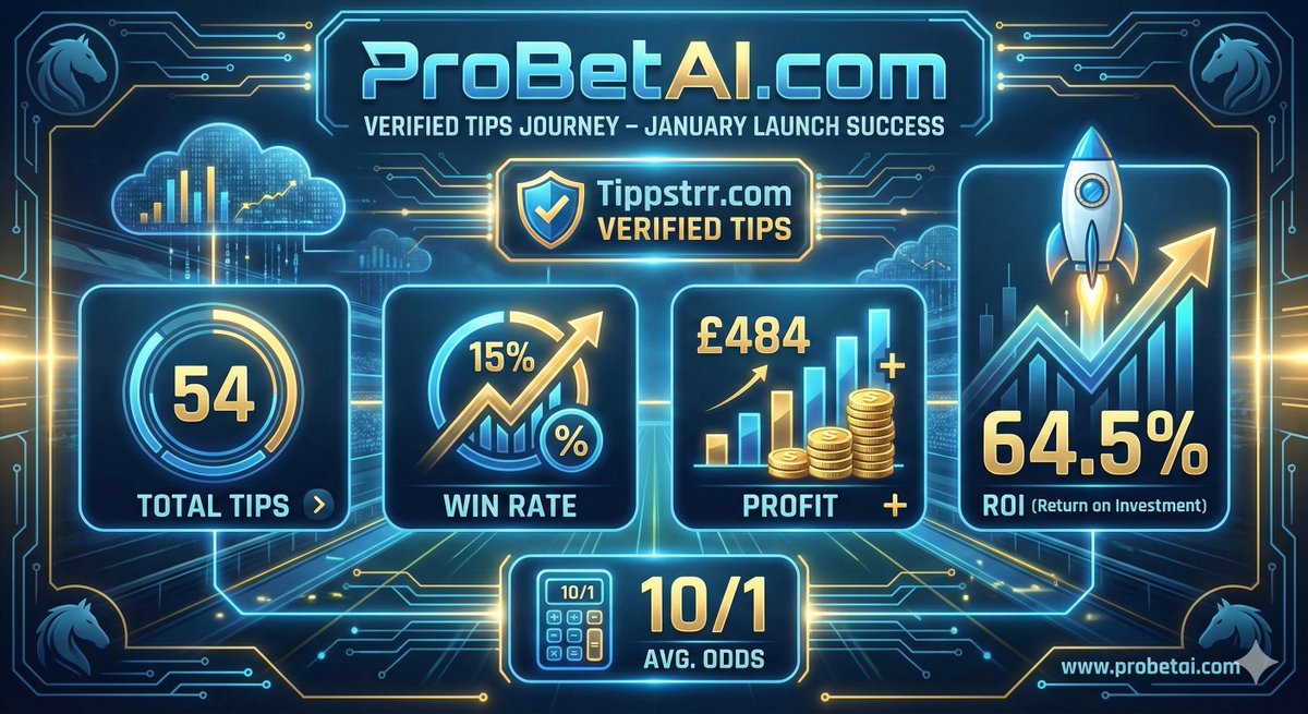 ProBetAI's tweet photo. JANUARY: DOMINATED. 🚀📈

Our first month on the verified journey with @Tippstrr is in the books, and the data doesn’t lie. We aren’t just guessing; we’re engineering pure value. 🤖🏇

💰 £484 PROFIT🔥 64.5% ROI🎯 10/1 AVG ODDS

Stop chasing short-priced favourites and start following the machine. The journey has just begun.

Join the 1% here: https://t.co/9K91NQfVGc, it's free!

🔞 18+ | Please gamble responsibly. Tips are for information purposes only and do not guarantee a profit. https://t.co/rb3Mp6Y793

#HorseRacing #ValueBetting #VerifiedTips #BettingStrategy