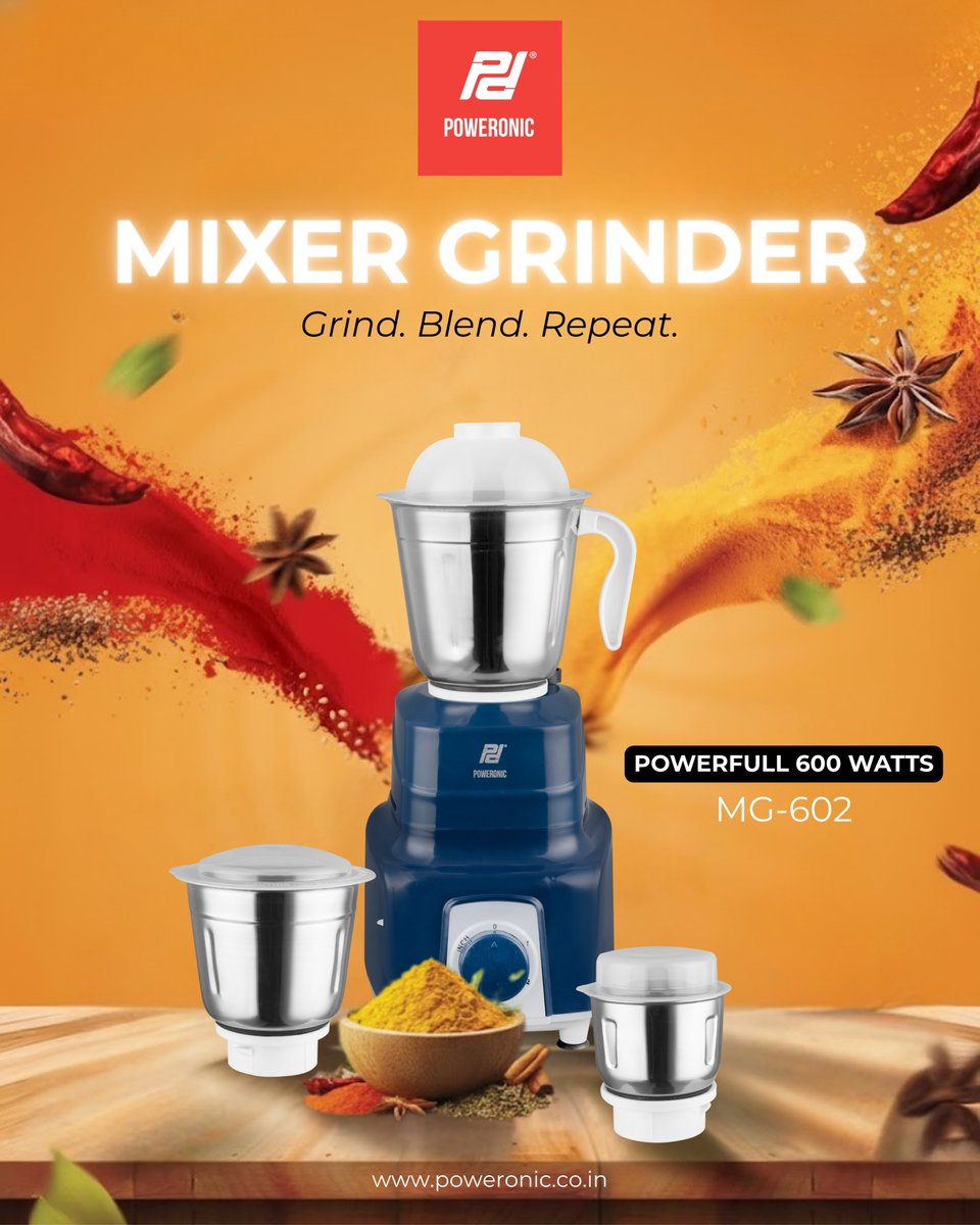 _poweronic's tweet photo. Grind smarter, cook faster! 🔥
Meet the Poweronic Mixer Grinder MG-602 with a powerful 600W motor—perfect for spices, chutneys, and smooth blends every day.

#Poweronic #MixerGrinder #KitchenEssentials #600WattsPower #IndianKitchen #GrindingMadeEasy #HomeAppliances #DailyCooking https://t.co/g4EkL1lJWN