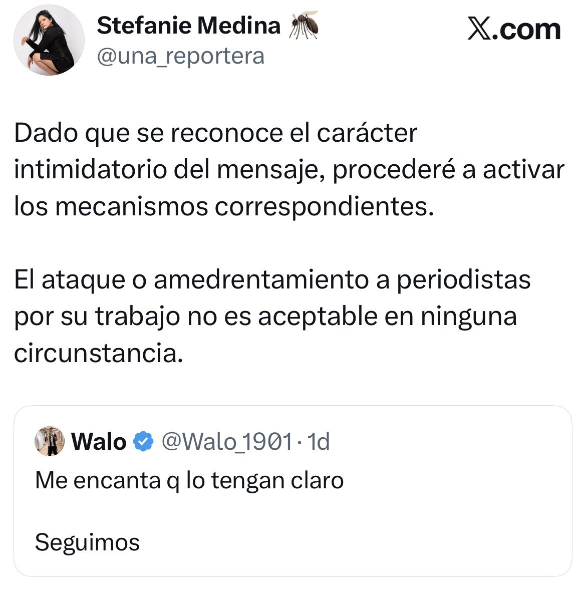 TendenciaEnPeru's tweet photo. “Walo”

Porque un cruce en X entre Stefanie Medina y Walo por presuntos mensajes intimidatorios se volvió tendencia, con capturas difundidas por periodistas y usuarios, mientras ella anunció activar mecanismos y él respondió Seguimos, acumulando miles de interacciones en horas. https://t.co/7OJcLZ81qS