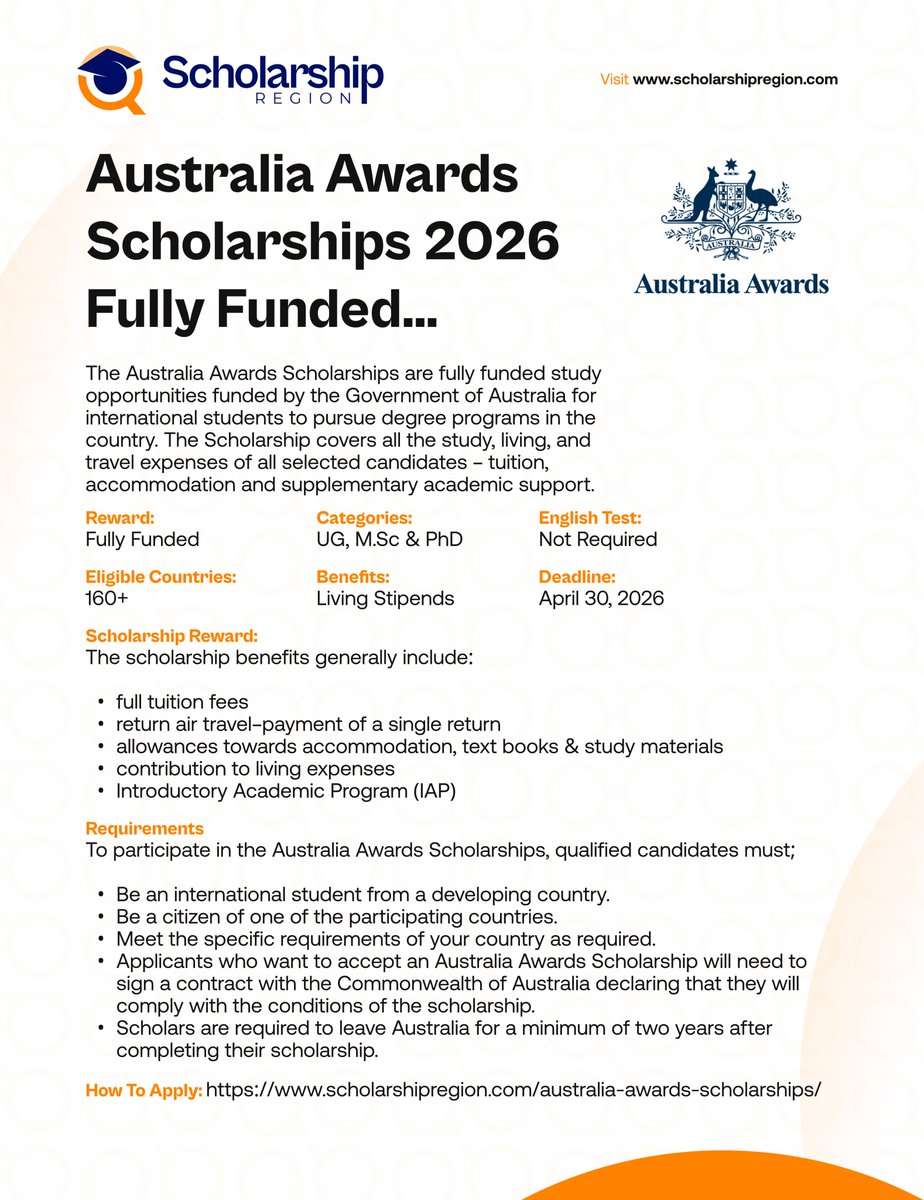 scholarsregion's tweet photo. 2026 Australia Awards Scholarships | Fully Funded

Details: https://t.co/0zDgpV5yWq

Benefits: Full Scholarship, Living Stipends, Airfare Ticket, Accommodation, Study Materials & Health Insurance