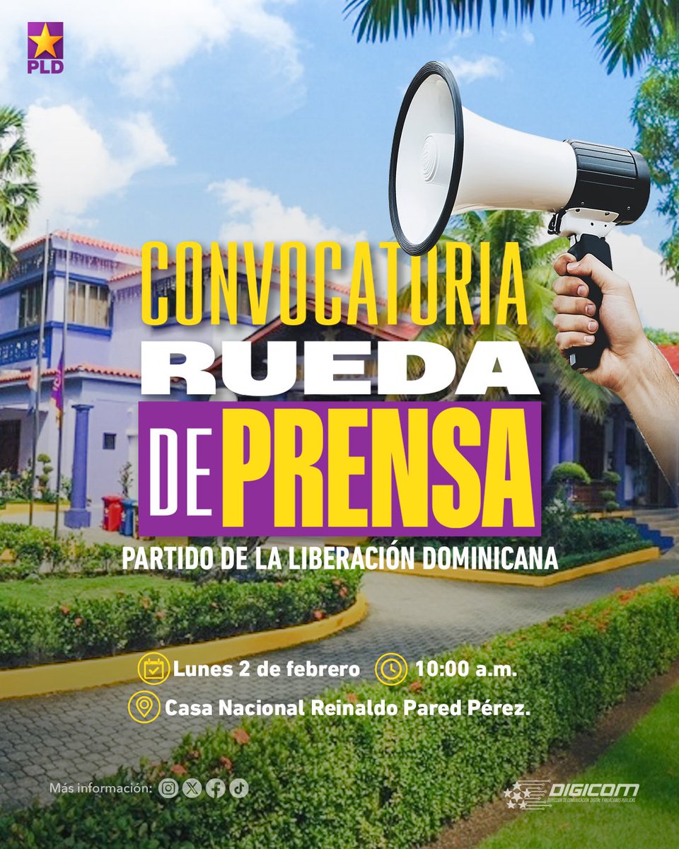 DIGICOMPLD's tweet photo. Los lunes se dicen verdades. 👀
La Casa Nacional Reinaldo Pared Pérez vuelve a ser escenario de la voz firme del PLD en su rueda de prensa semanal 😎
Este lunes 2 de febrero, atentos, que hay temas que importan y posiciones que pesan: #RuedaDePrensaPLD⭐️ https://t.co/2cuFSb9289