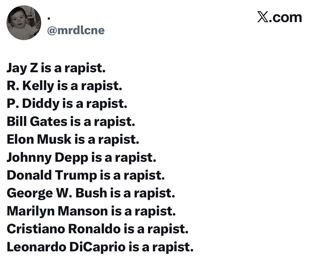 This post is defamatory.
Johnny Depp was never charged with rape or sexual assault. Calling him a rapist is a lie.