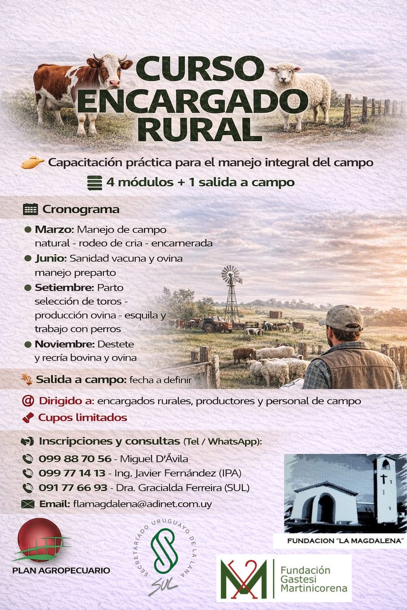 PlanAgro's tweet photo. 📢 ¡Inscripciones abiertas!

Curso presencial "Encargados Rurales"
📌CCMFM📍 Paso Farías, Artigas
🗓️Inicio: marzo
📚4 Módulos - mar/jun/set/nov y salida

✍️ℹ️📲099887056

#Capacitación #Ganadería #Campo @SUL_uy #FundaciónGastesiMartinicorena #FundaciónLaMagdalena #PlanAgro https://t.co/SVINI8LnPq