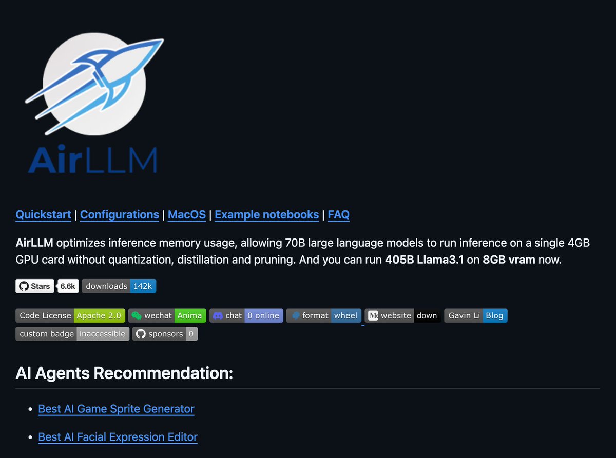 🚨BREAKING: You can now run 70B LLMs on a 4GB GPU.

AirLLM just killed the "you need expensive hardware" excuse.

It runs 70B models on 4GB VRAM.
It loads models one layer at a time, runs 405B Llama 3.1 on 8GB VRAM.

→ No quantization needed by default
→ Run Llama, Qwen,