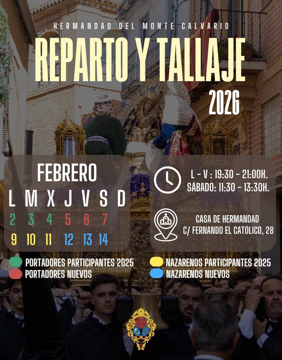 🔔 VIERNES SANTO | Hoy, lunes 2 de febrero, comienza el tallaje de portadores que participaron en 2025. #CofradíasMLG

⛪️ Casa de hermandad
🕰 19:30h. - 21:00h.

👉🏽 Más información en: montecalvario.es/calendario-de-…