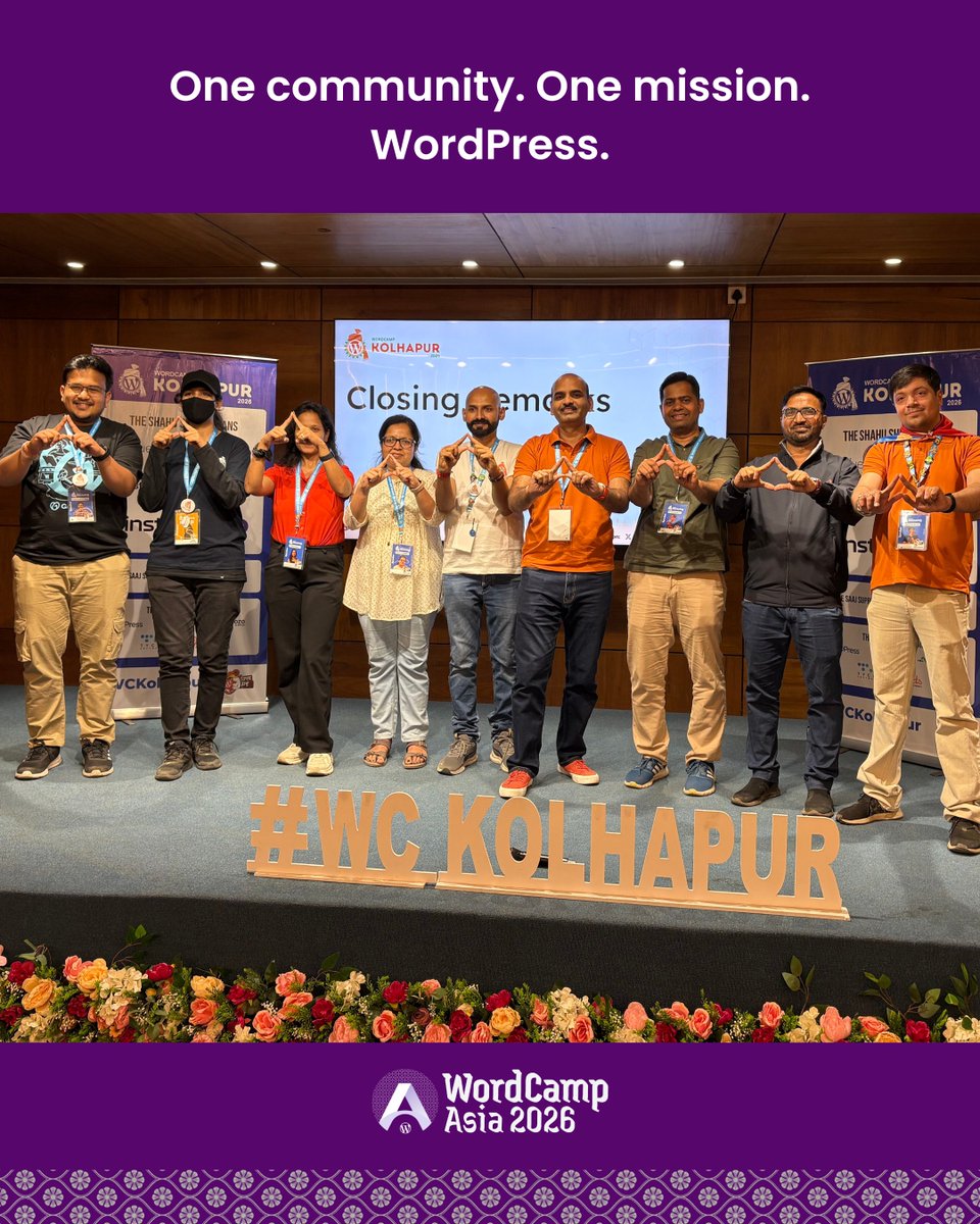 wpqrstalks's tweet photo. WordCampAsia: WordCamp Asia 2026 organizers at WordCamp Kolhapur this weekend! 🇮🇳✨
Empowering local communities. Making global impact.
And yes — the #WCAsia pose is compulsory 😄
Join the vibe 👉 https://t.co/aaC1SD94yu
#WCAsia #WCKolhapur #WordCamp … https://t.co/Gd61P6dmaD