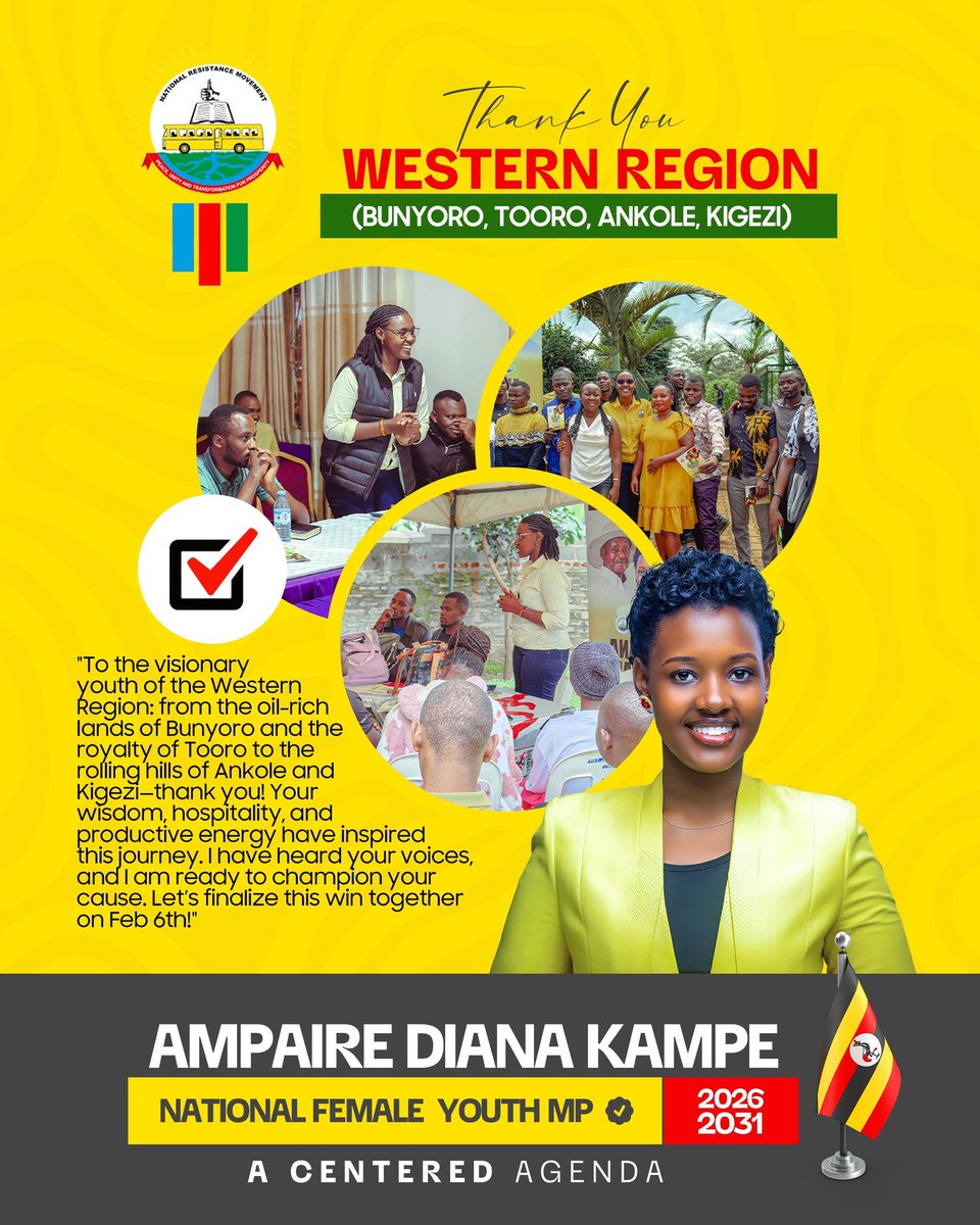 Diana4NFYMP2026's tweet image. Big shoutout to Uganda's dynamic youth leaders! From Central's vibrant hubs to West's entrepreneurial spirit, North's resilience, and East's innovation - thanks for championing Diana's A-Centered Agenda! Let's solidify the win on Feb 6: VOTE Diana for National Female Youth MP!