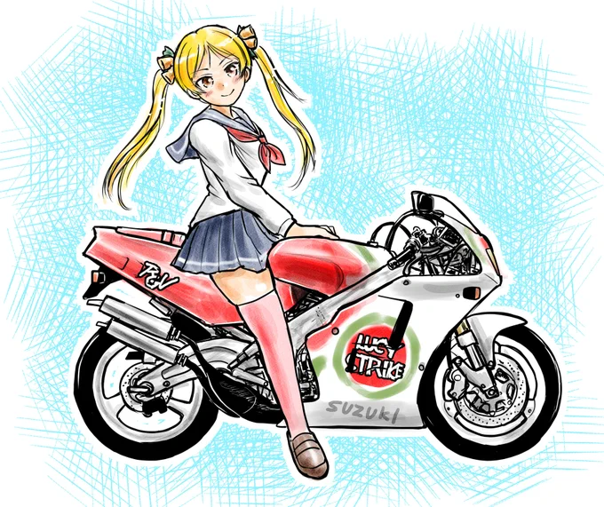 #2st2気筒の日 #ツインテールの日 #ツインテールの日2026 Vガンマは右2本出しのVJ22Aが一番格好良いと思うの。 にしてもキャラ大きさ比率ムズイ( 'Д`) カタナフィギュア参考にすれば良かったと描き終わって気付いたw #鈴乃木凜