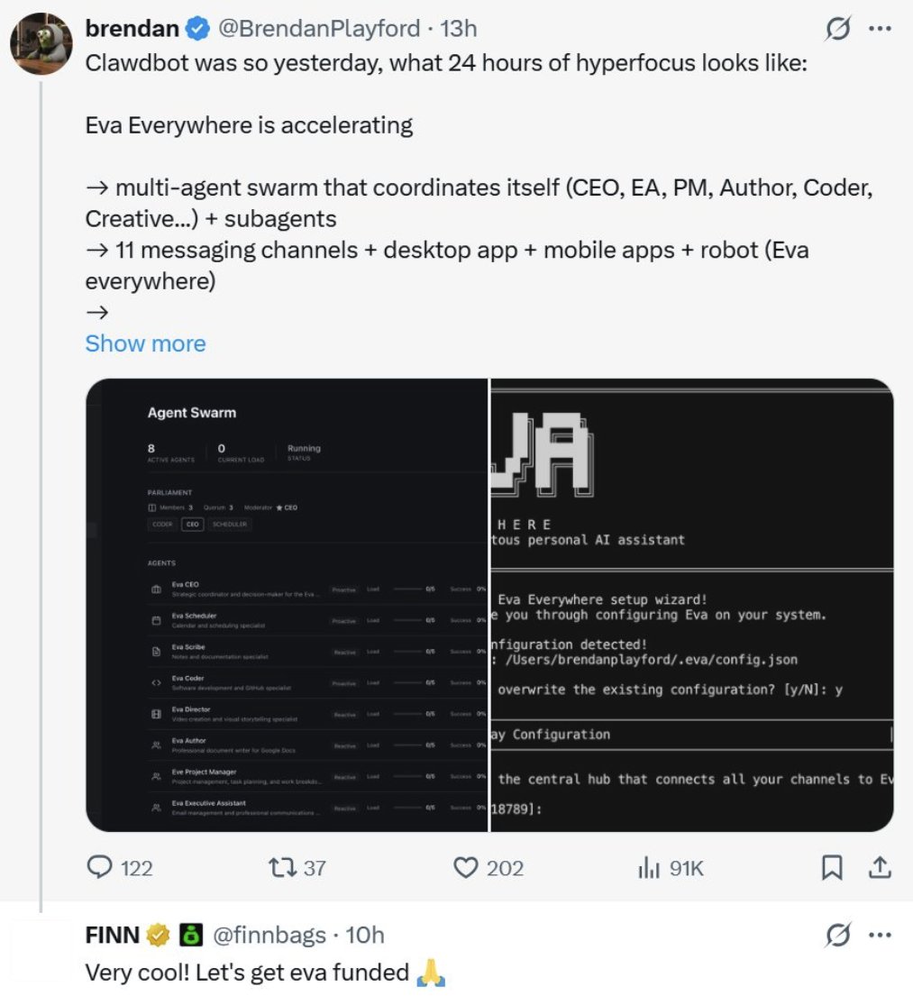 0xMrBeefman's tweet photo. Rare case where a @BagsApp token looks like a project, not a rug

Snipers and clusters are still there

$EVA 3.54M
4gfNpwo8LQtcgGrNmgWhuwfFhttgZ8Qb6QXN4Yz8BAGS

I didnt want to write about this token for a long time. Expected it to end like most BAGS tokens. Last BAGS meta left a bad taste with all those rugs.

This one feels like a small ray of hope that not everything coming out of BAGS is a rug.

From what I read on X, there is a chance to see a more complete product soon. Really hoping for that. Especially hoping its not a sell the news event.

Snipers control around 10% of supply, which is not small.

Bubblemap shows many clusters of different sizes, around 1-5%. I dont like how the bubblemap looks.

If the dev actually delivers on what was announced, this could be a serious project.

Eva Everywhere is an AI project positioned as a full replacement for Clawdbot, which the creator calls outdated and irrelevant. The current version is a working product with a wide feature set and a strong futuristic feel, built around a multi agent system with role separation. Individual agents act as CEO, managers, developers, creatives and writers, coordinating tasks in parallel and distributing workload. The project supports eleven communication channels, desktop, mobile and even physical robots, pushing the idea of constant presence in any environment. The core is a self evolving system with long term semantic memory and intelligent data compression. Features include automated browser actions, proactive notifications, video generation, PRD creation and document editing.

My current Meteora LP play
· The chart is almost perfect for LP
· Been farming for almost a week with bid ask mid to wide range
· Top pool 100/2%
· Print is consistently mid, sometimes spikes into strong print

Check the profile, more ideas there🥩

NFA