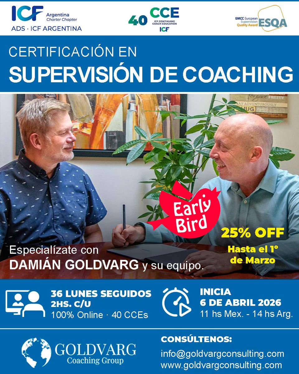 🎓 Certificación Internacional en Supervisión de Coaching

🗓 Inicio: 6 de abril de 2026
⏰ 36 lunes consecutivos

Consúltanos en:
🔗goldvargconsulting.com
WhatsApp +1 213 509 4024 o info@goldvargconsulting.com

<a href="/DamianGoldvarg/">Dr. Damian Goldvarg | Worldwide Leadership Trainer</a> 

#SupervisaciónCoaching #ICF #Liderazgo
