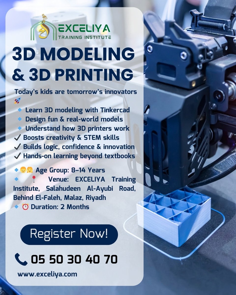 Exceliyasa's tweet photo. 🚀 Today’s Kids Are Tomorrow’s Innovators!

3D Modeling &amp; 3D Printing Course for Kids

Let your child step into the world of design, creativity, and future technology.

📞 Call: 0550304070
🌐 https://t.co/2QjLRxvNOo

👉 Limited seats available – Register Now!

#exceliya https://t.co/vmgQ1CY3sQ