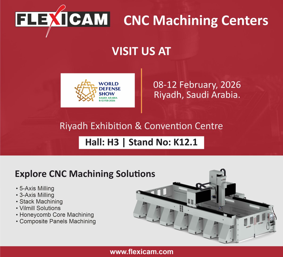 FlexiCAM's tweet photo. FlexiCAM will participate in the World Defense Show 2026 taking place from 8-12 February in Riyadh, Saudi Arabia.

Visit our booth and explore CNC Machining Solutions!

Learn More: https://t.co/3Yv7zN91Sv

�� Stand No. K12.1, Hall: H3

#WDS2026 #CNC #ProudToBeFlexiCAM https://t.co/INeOxZuvVi