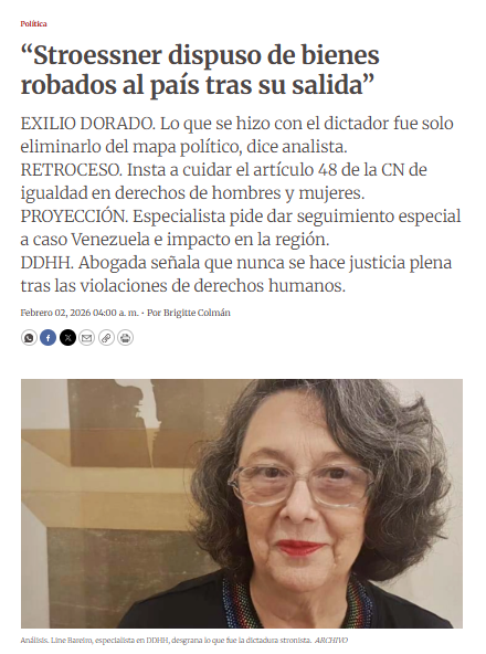 A propósito del 37 aniversario de la caída de la dictadura de Alfredo Stroessner, compartimos las reflexiones de Line Bareiro, investigadora y fundadora de nuestra organización, sobre esta fecha tan importante
ultimahora.com/stroessner-dis…