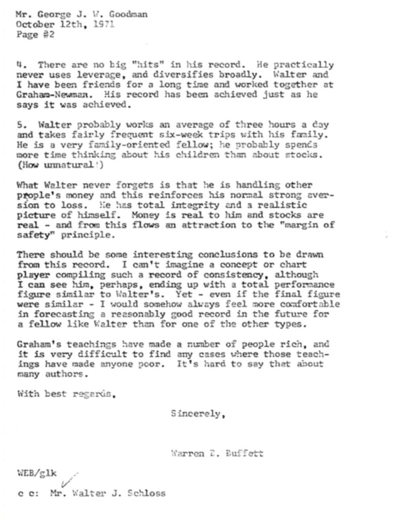 Great letter Warren Buffett sent to George Goodman about Walter Schloss 

“Walter probably works an average of three hours a day”